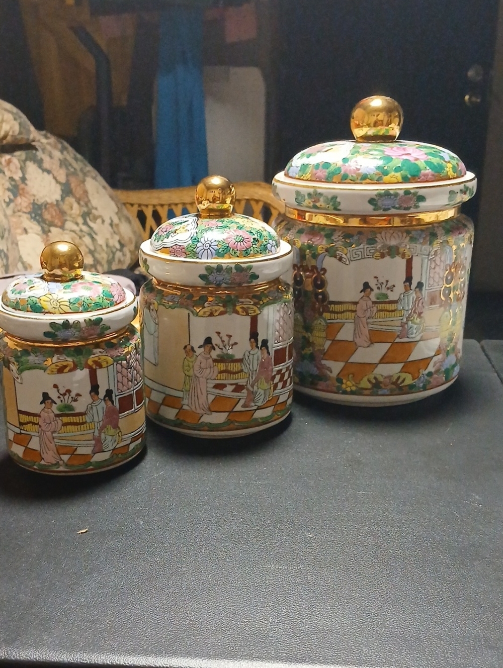 Decorative Porcelain Canister Set with Gold Accents - Floral & Figurine Design